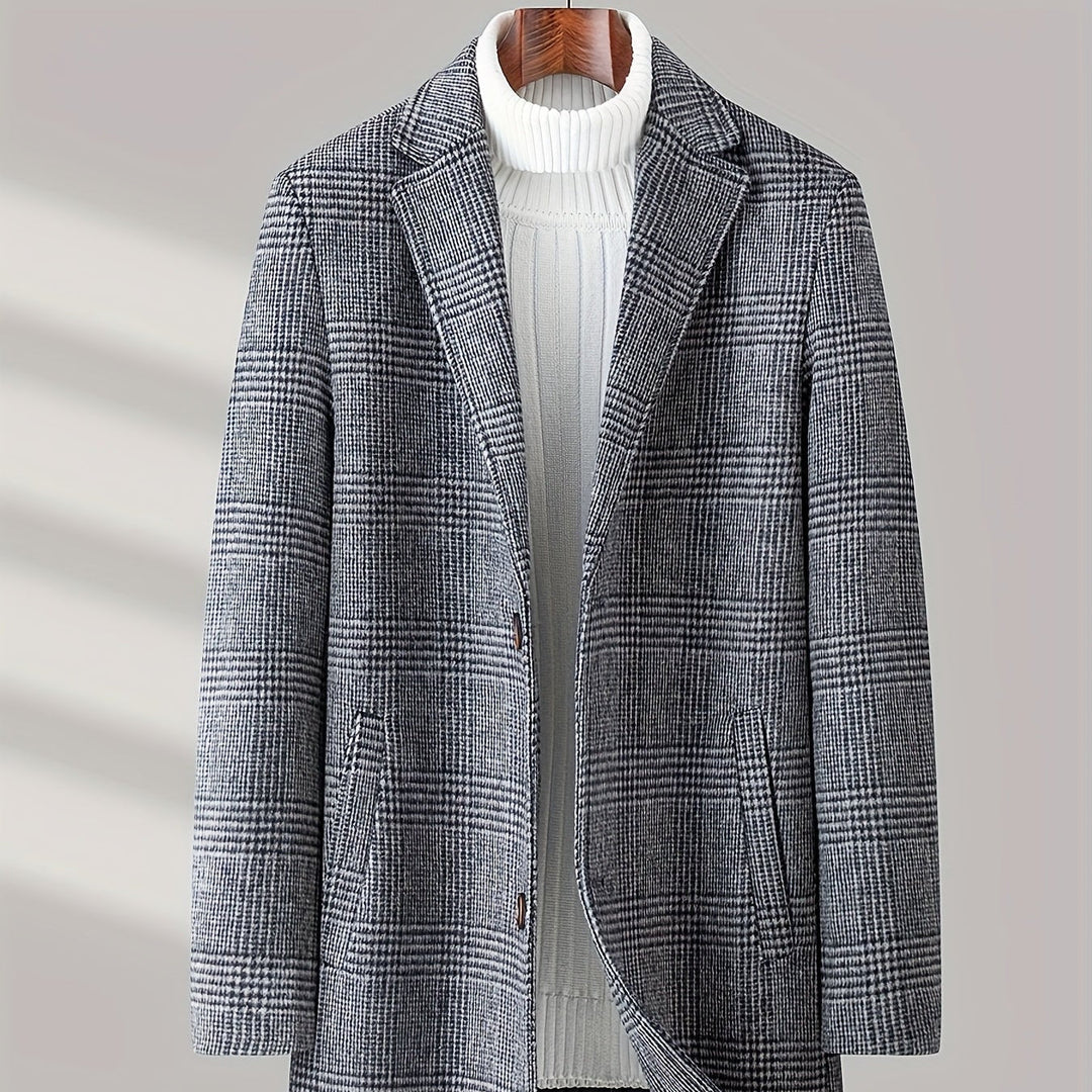 Noble Wear Men’s Plaid Wool Coat – Slim Fit Mid-Length Business Casual Overcoat - Saint Drako